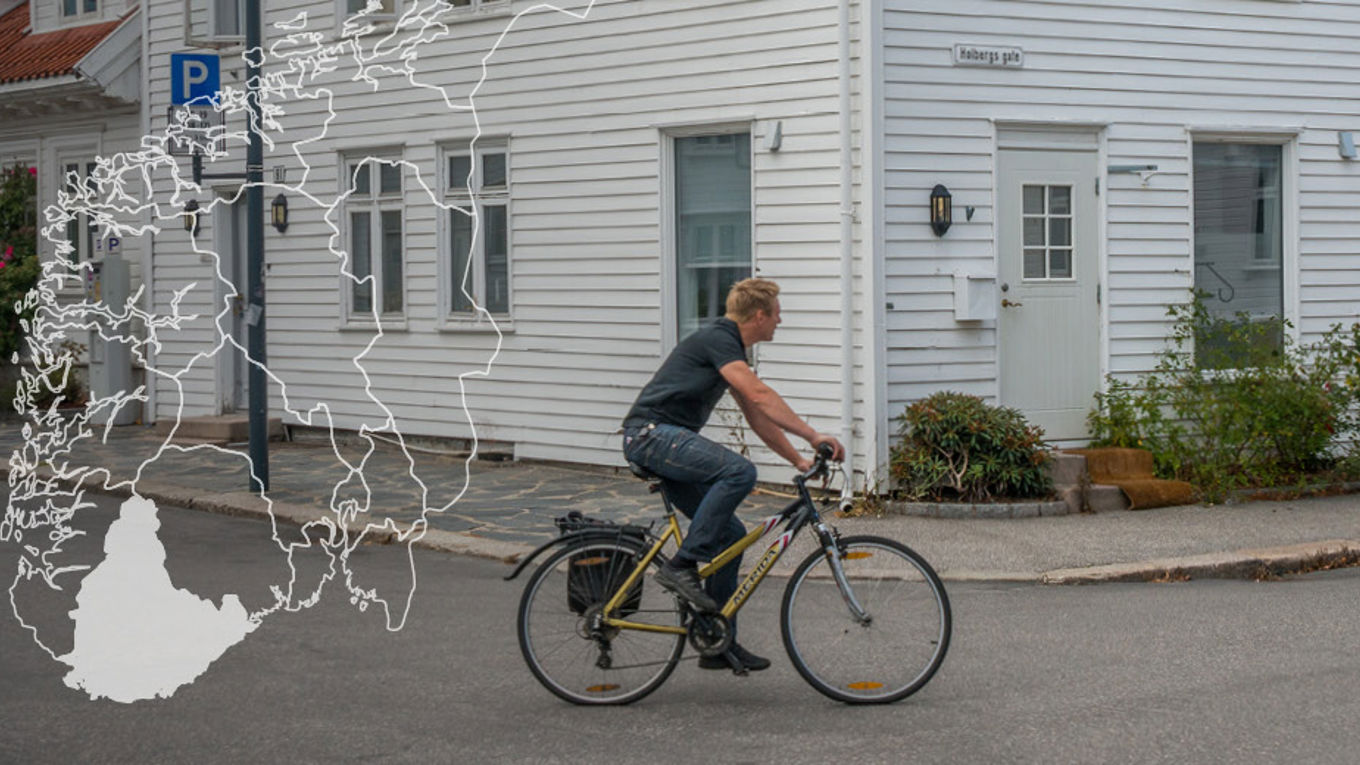 Illustrasjon av distriktsavdelingen Agder over en mann som sykler i Posebyen