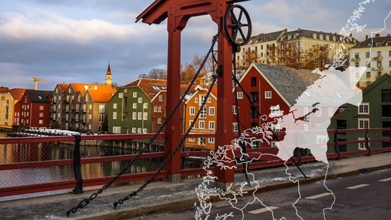 Illustrasjon av distriktsavdelingen Trondheim på kartet, over et bilde fra bybrua
