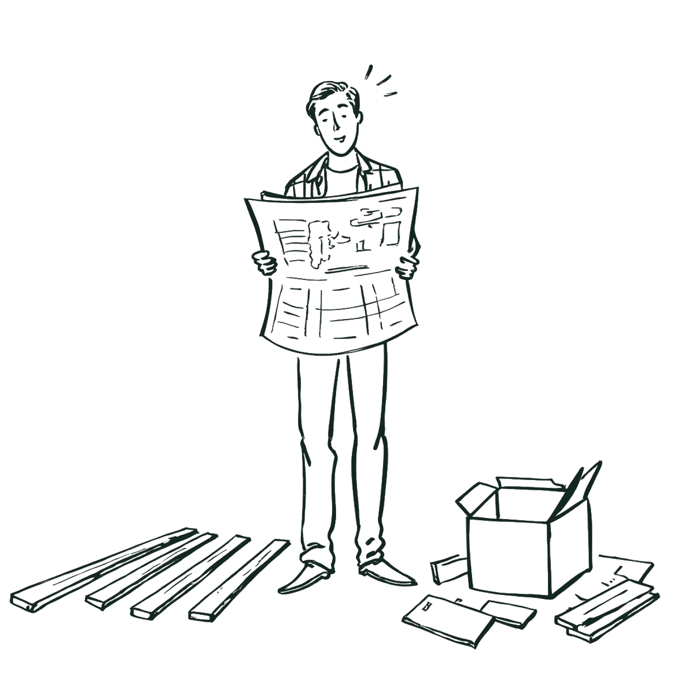 En mann står og ser på byggetegninger mens han er omgitt av planker og esker, som om han planlegger eller monterer et byggeprosjekt.