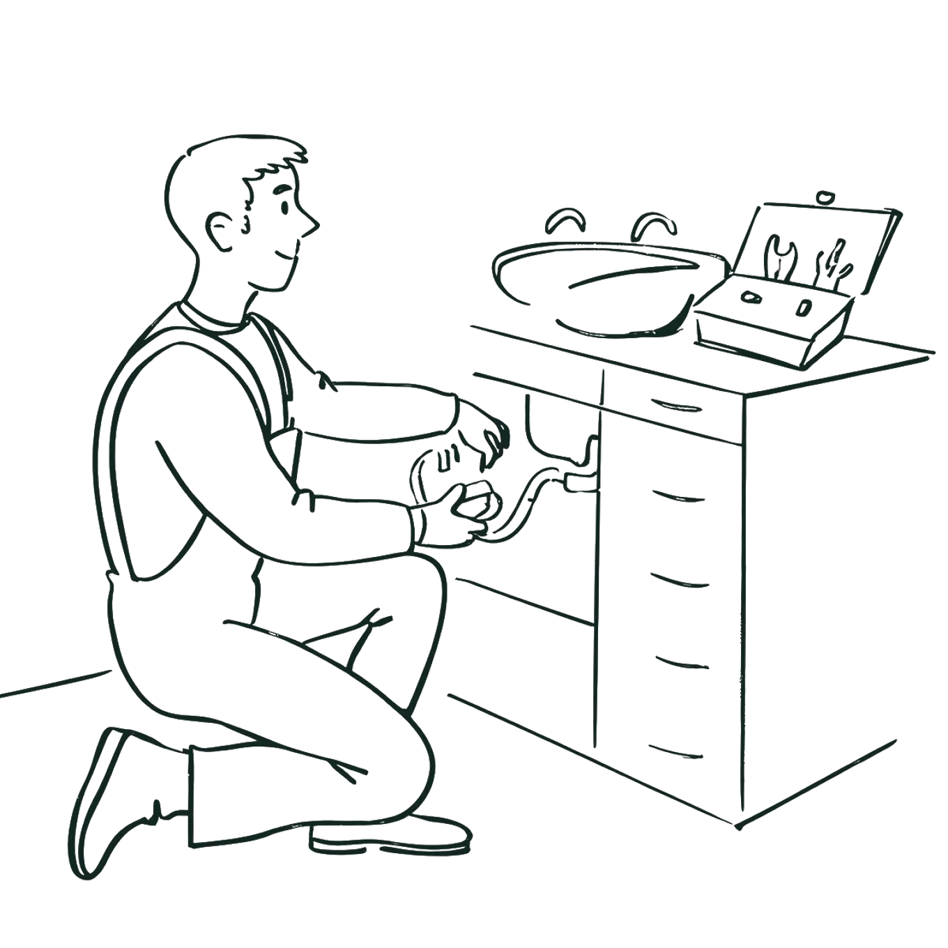Illustrasjon av en rørlegger jobber under en vask og reparerer rør med verktøy. Rørleggeren kneler på ett kne, holder et rør eller en rørleggerdel. Bakgrunnen viser en enkel baderomsvask med synlig rørleggerarbeid under.